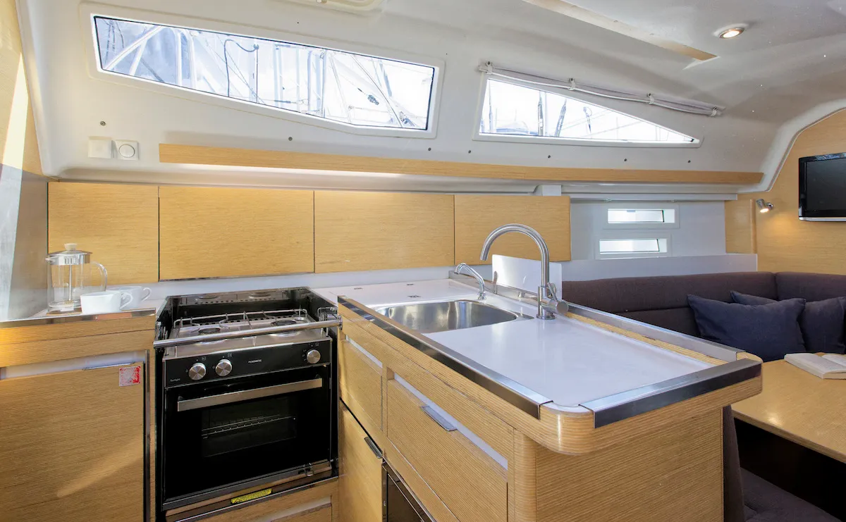 Galley of Tesa, a Elan Impression 35 sailboat at Kaštela, Croatia