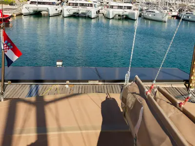 Deck of Tesa, a Elan Impression 35 sailboat at Kaštela, Croatia
