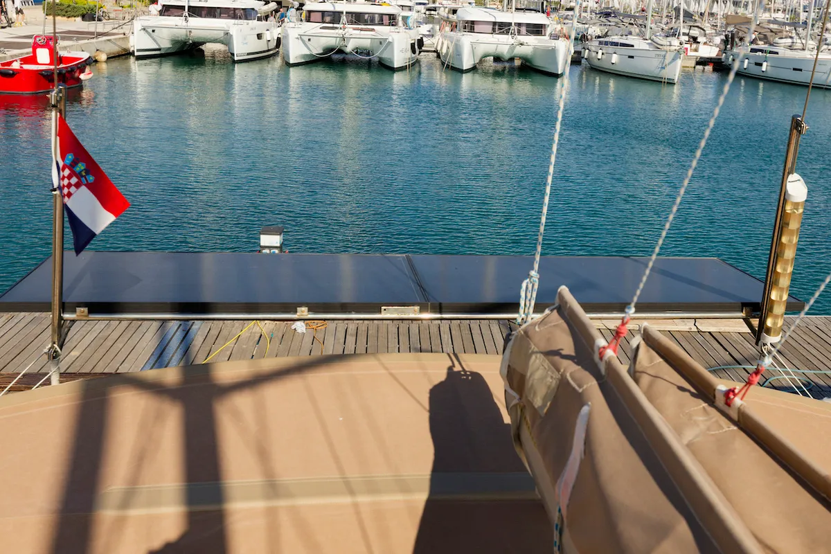 Deck of Tesa, a Elan Impression 35 sailboat at Kaštela, Croatia