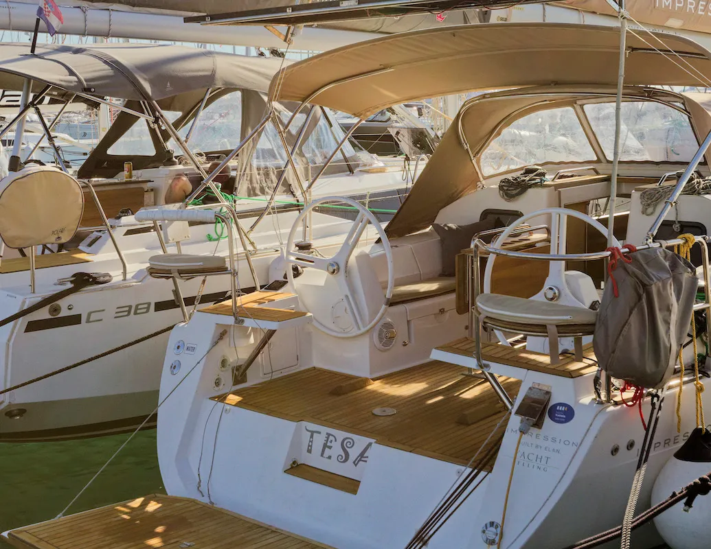 Exterior view of Tesa, a Elan Impression 35 sailboat at Kaštela, Croatia