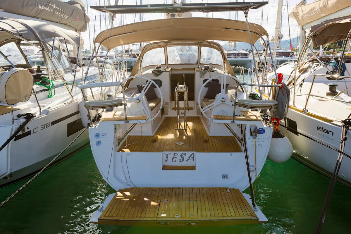 Exterior view of Tesa, a Elan Impression 35 sailboat at Kaštela, Croatia