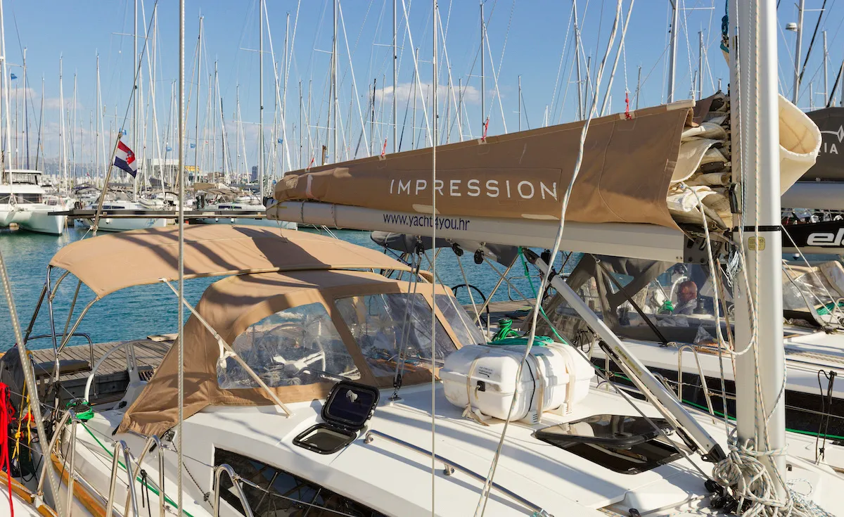 Exterior view of Tesa, a Elan Impression 35 sailboat at Kaštela, Croatia