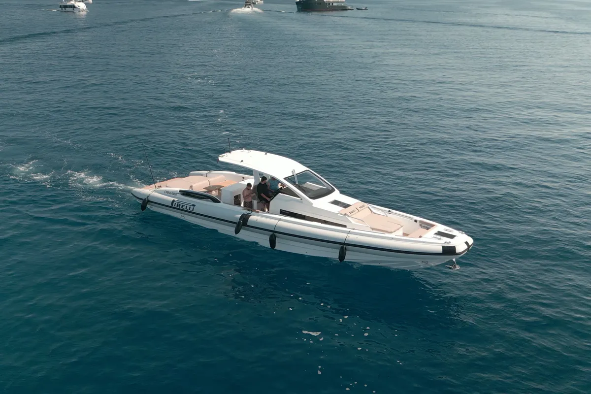 Exterior view of Mister Gio, a Pirelli 50 motorboat at Castellammare di Stabia, Italy