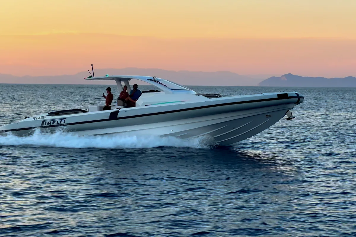 Exterior view of Mister Gio, a Pirelli 50 motorboat at Castellammare di Stabia, Italy