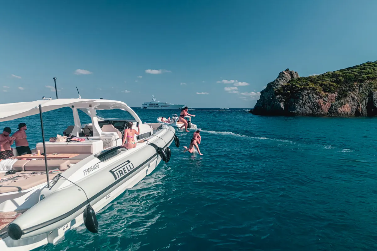 Exterior view of Mister Gio, a Pirelli 50 motorboat at Castellammare di Stabia, Italy