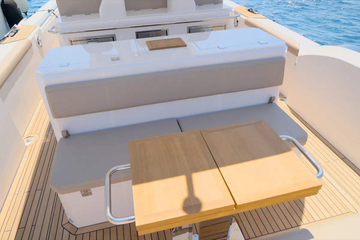 Deck of Mister Gio, a Pirelli 50 motorboat at Castellammare di Stabia, Italy