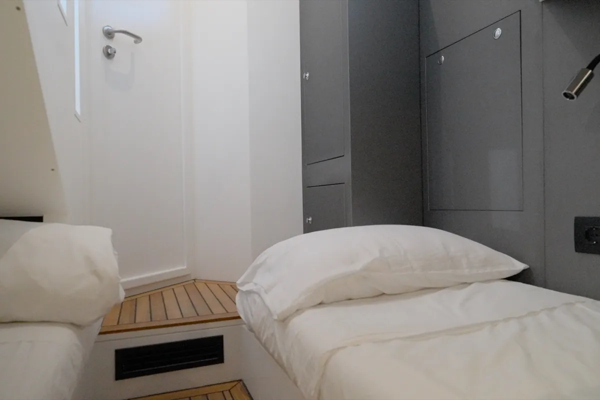 Cabin on Mister Gio, a Pirelli 50 motorboat at Castellammare di Stabia, Italy