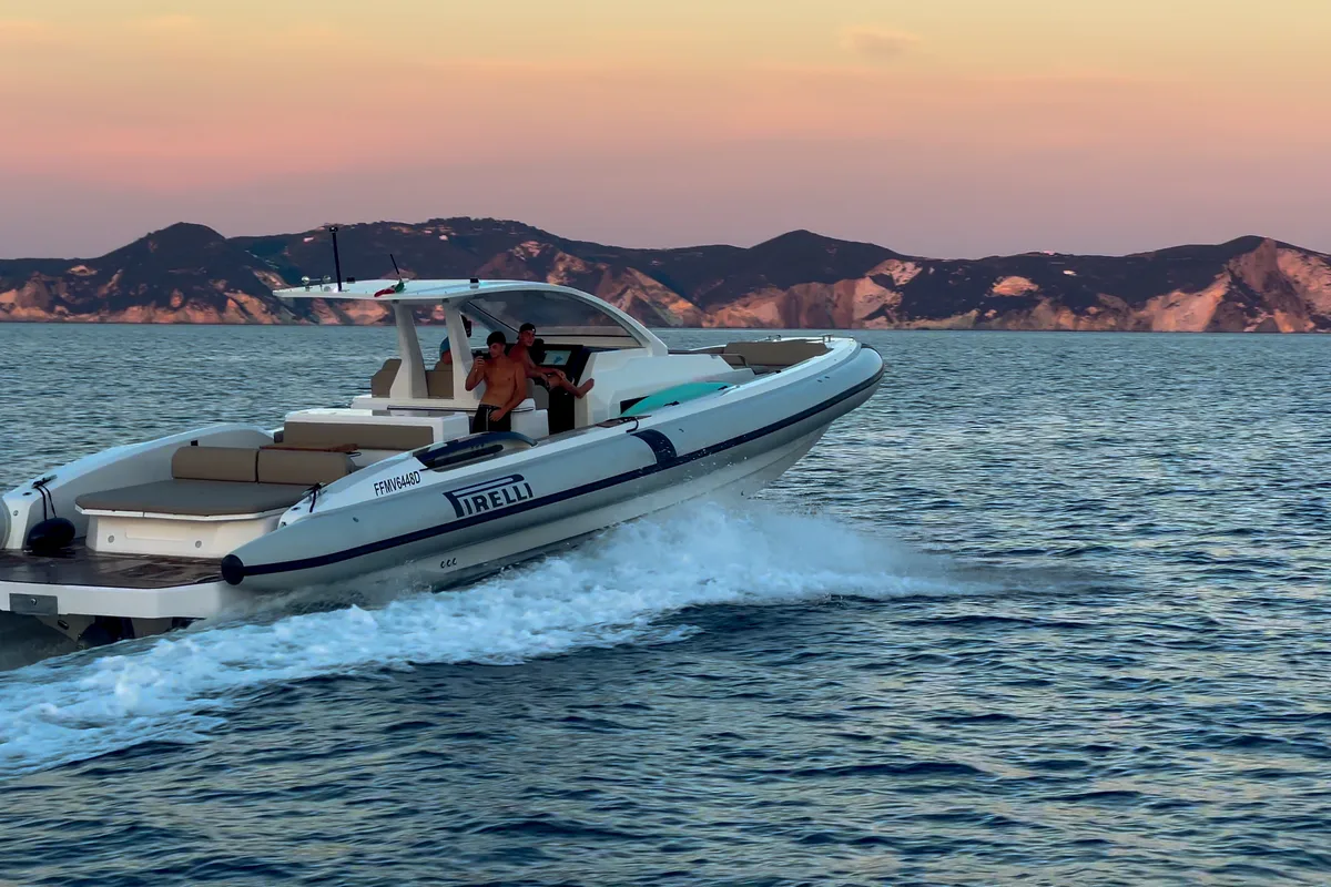 Exterior view of Mister Gio, a Pirelli 50 motorboat at Castellammare di Stabia, Italy