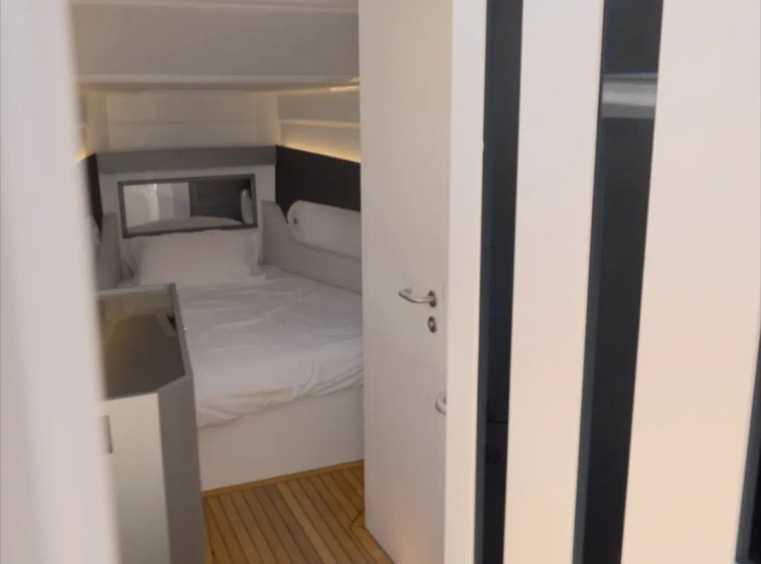Cabin on Mister Gio, a Pirelli 50 motorboat at Castellammare di Stabia, Italy