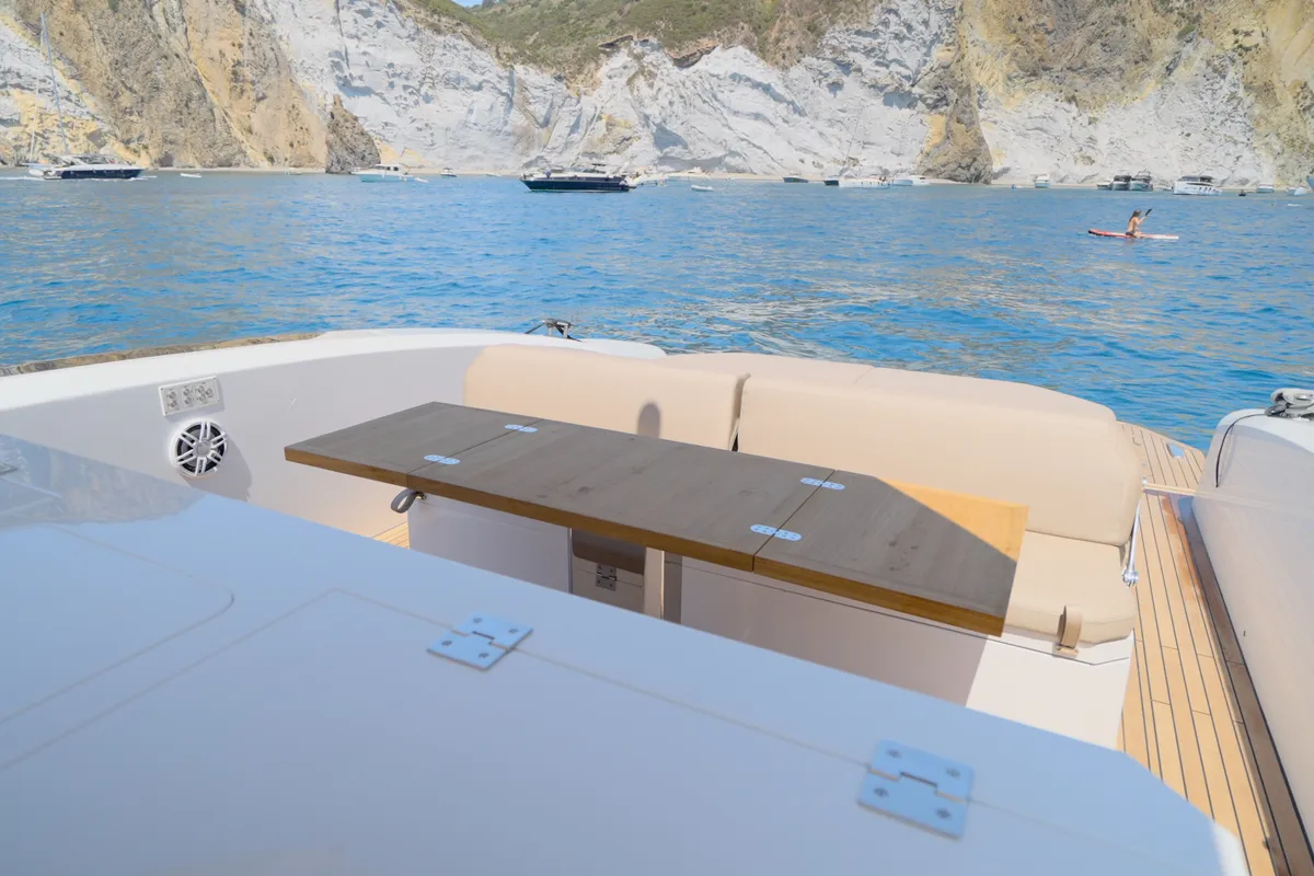 Deck of Mister Gio, a Pirelli 50 motorboat at Castellammare di Stabia, Italy