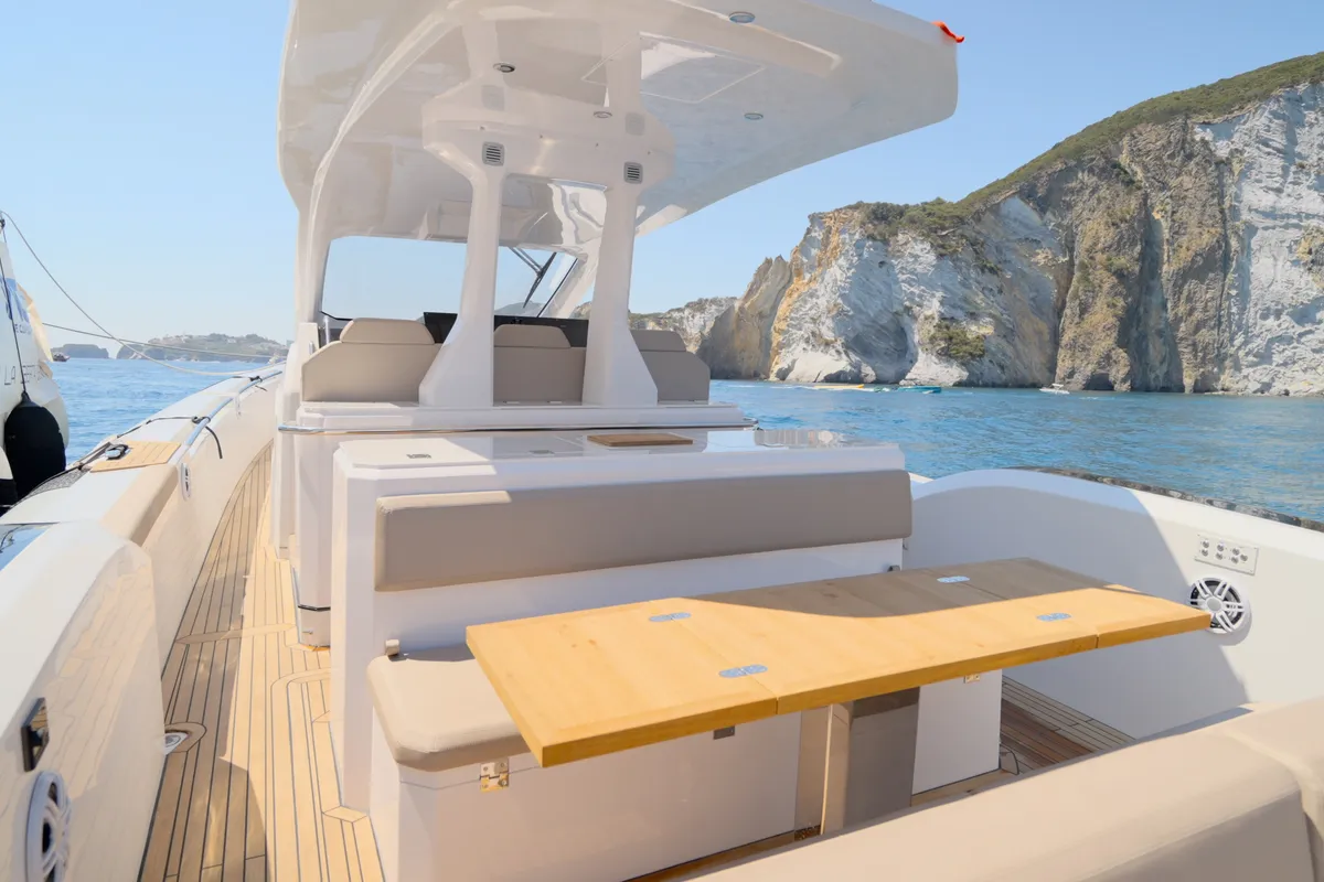 Deck of Mister Gio, a Pirelli 50 motorboat at Castellammare di Stabia, Italy
