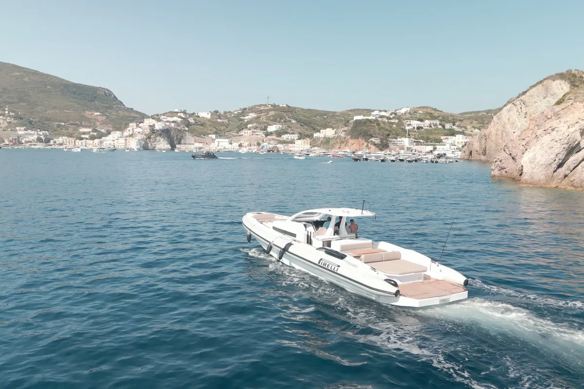 Exterior view of Mister Gio, a Pirelli 50 motorboat at Castellammare di Stabia, Italy