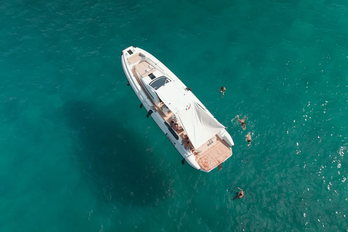 Exterior view of Mister Gio, a Pirelli 50 motorboat at Castellammare di Stabia, Italy