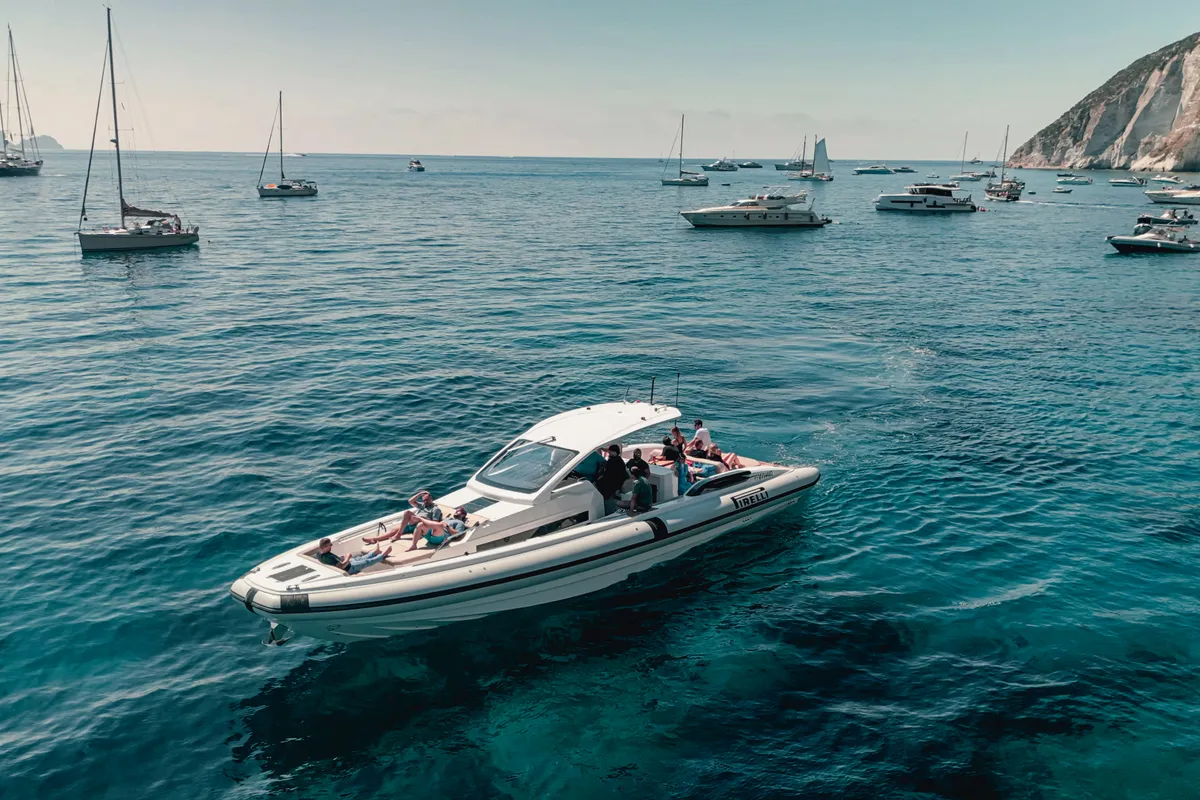 Exterior view of Mister Gio, a Pirelli 50 motorboat at Castellammare di Stabia, Italy