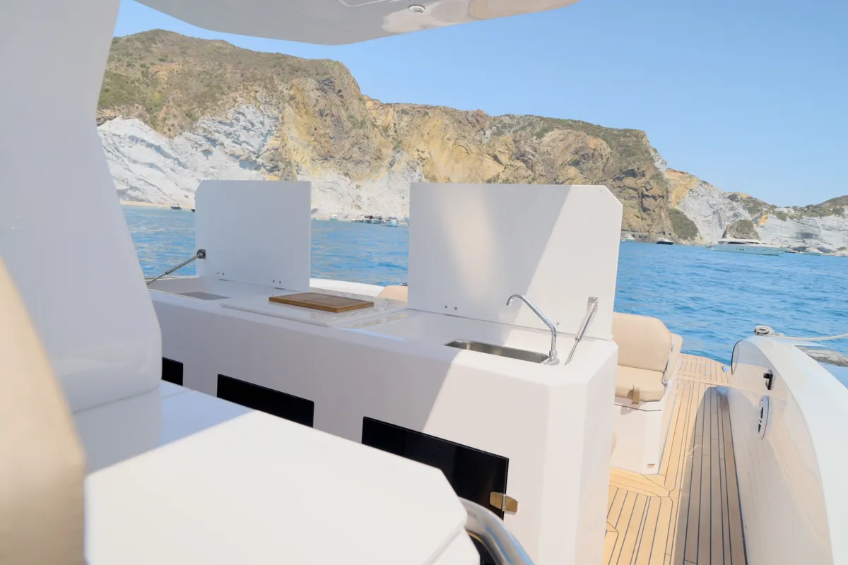 Cabin on Mister Gio, a Pirelli 50 motorboat at Castellammare di Stabia, Italy