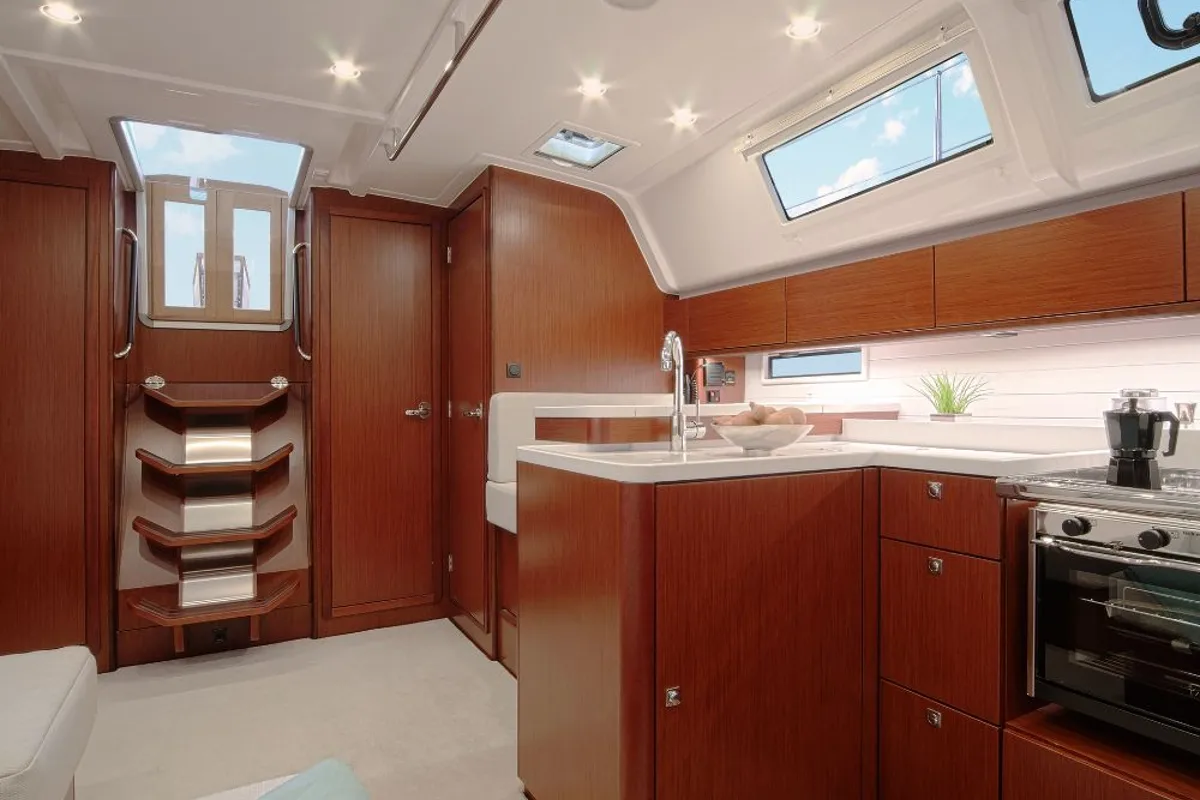 Galley of okkio che ti vedo, a Bavaria Cruiser 51 sailboat at Procida, Italy