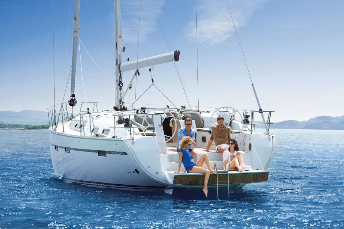Exterior view of okkio che ti vedo, a Bavaria Cruiser 51 sailboat at Procida, Italy