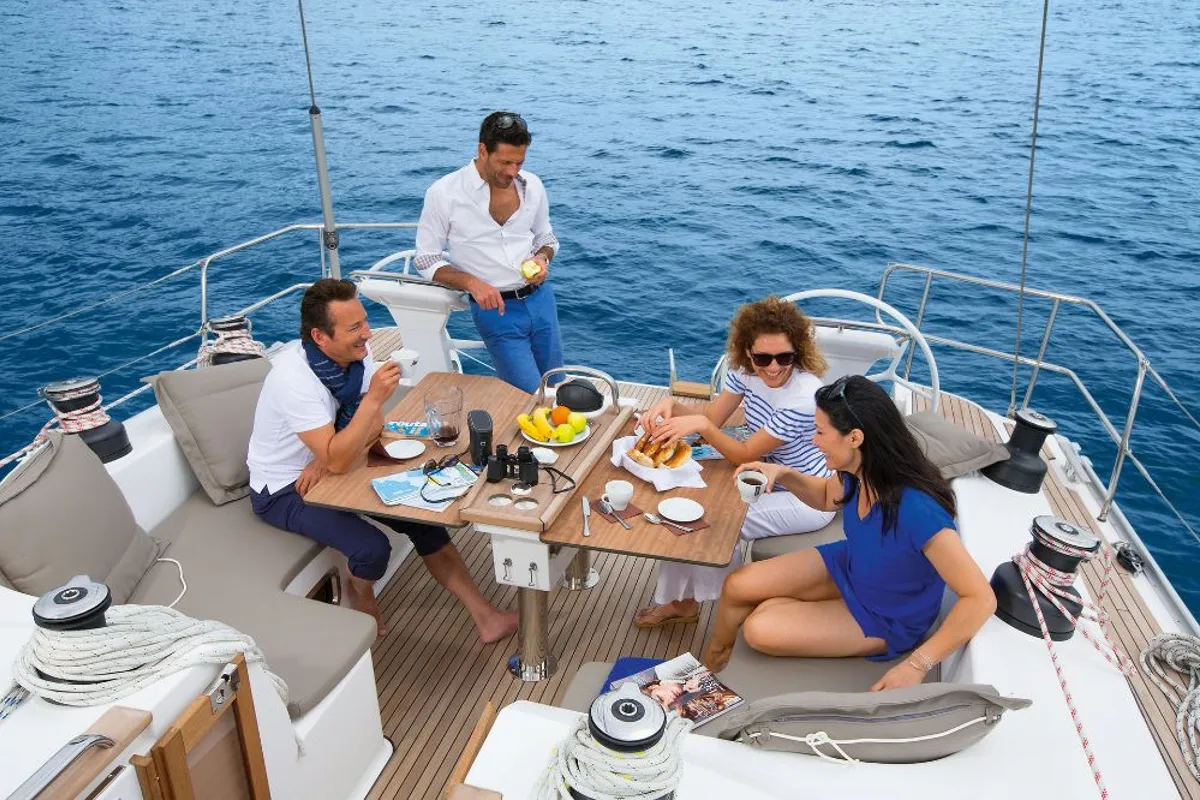 Deck of okkio che ti vedo, a Bavaria Cruiser 51 sailboat at Procida, Italy