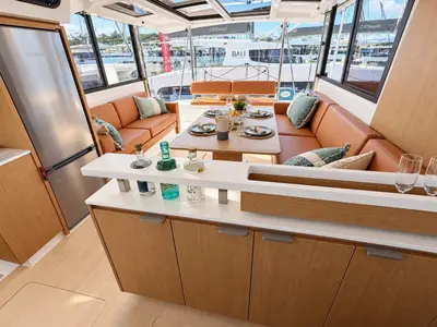 Salon of Bali Catspace, a catamaran at Lefkada, Greece