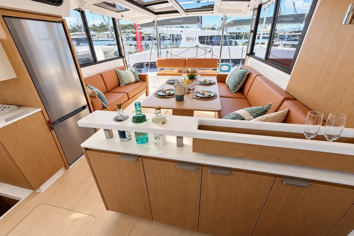 Salon of Bali Catspace, a catamaran at Lefkada, Greece