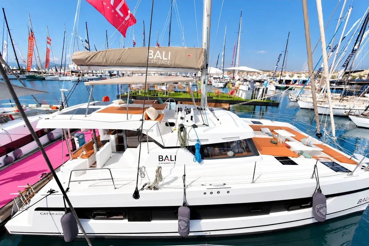 Exterior view of Bali Catspace, a catamaran at Lefkada, Greece