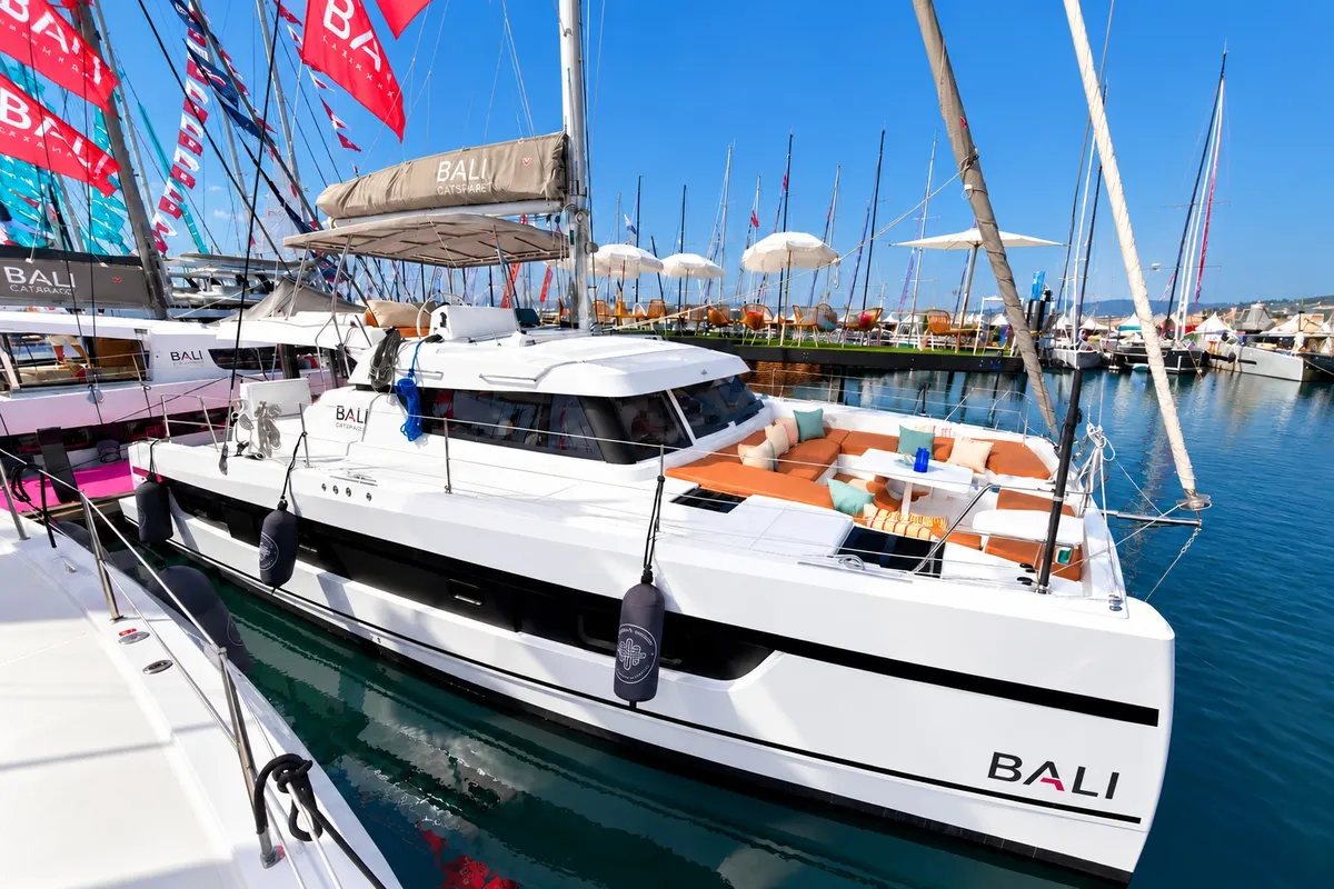 Exterior view of Bali Catspace, a catamaran at Lefkada, Greece