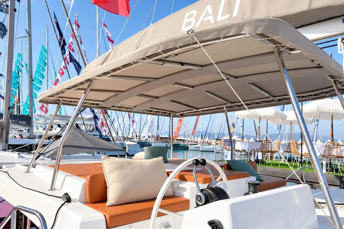 Cockpit of Bali Catspace, a catamaran at Lefkada, Greece