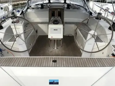 Cockpit of Windseeker S, a Bavaria 51 Cruiser sailboat at Salamina, Greece