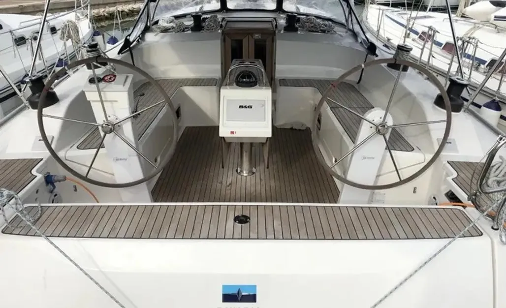 Cockpit of Windseeker S, a Bavaria 51 Cruiser sailboat at Salamina, Greece