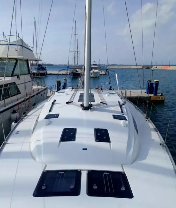 Deck of Windseeker S, a Bavaria 51 Cruiser sailboat at Salamina, Greece