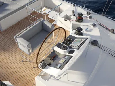 Salon of Daddy's Hobby, a Lagoon 560 catamaran at Lavrion, Greece