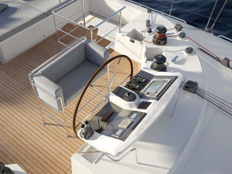 Salon of Daddy's Hobby, a Lagoon 560 catamaran at Lavrion, Greece