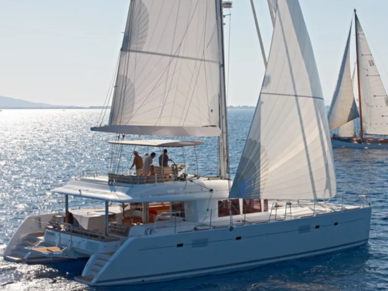 Exterior view of Daddy's Hobby, a Lagoon 560 catamaran at Lavrion, Greece
