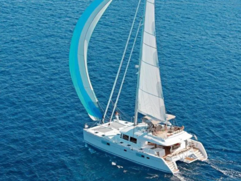 Exterior view of Daddy's Hobby, a Lagoon 560 catamaran at Lavrion, Greece