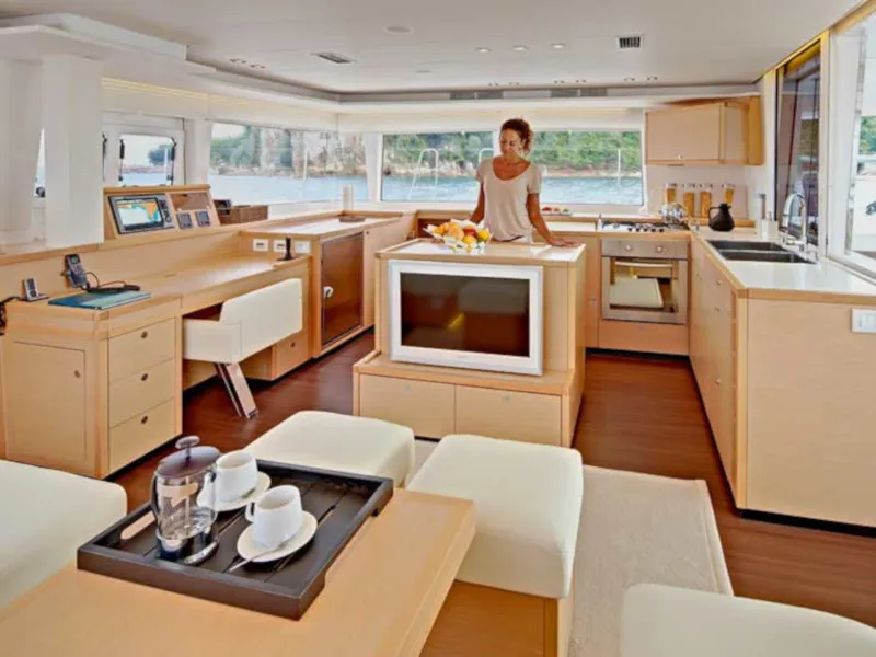 Galley of Daddy's Hobby, a Lagoon 560 catamaran at Lavrion, Greece
