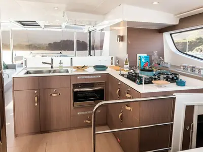 Galley of Premium +, a Bali 4.6 catamaran at Sant Antoni de Portmany, Spain