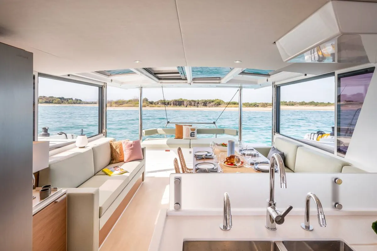 Salon of Premium +, a Bali 4.6 catamaran at Sant Antoni de Portmany, Spain