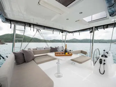 Deck of Premium +, a Bali 4.6 catamaran at Sant Antoni de Portmany, Spain