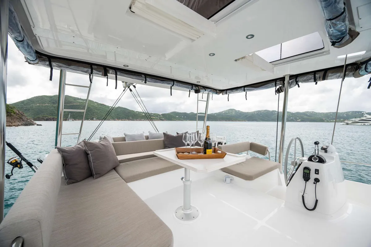Deck of Premium +, a Bali 4.6 catamaran at Sant Antoni de Portmany, Spain