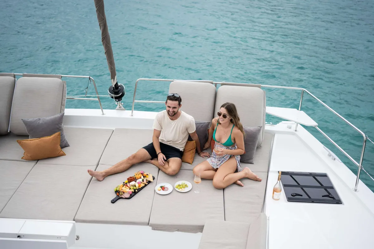 Deck of Premium +, a Bali 4.6 catamaran at Sant Antoni de Portmany, Spain