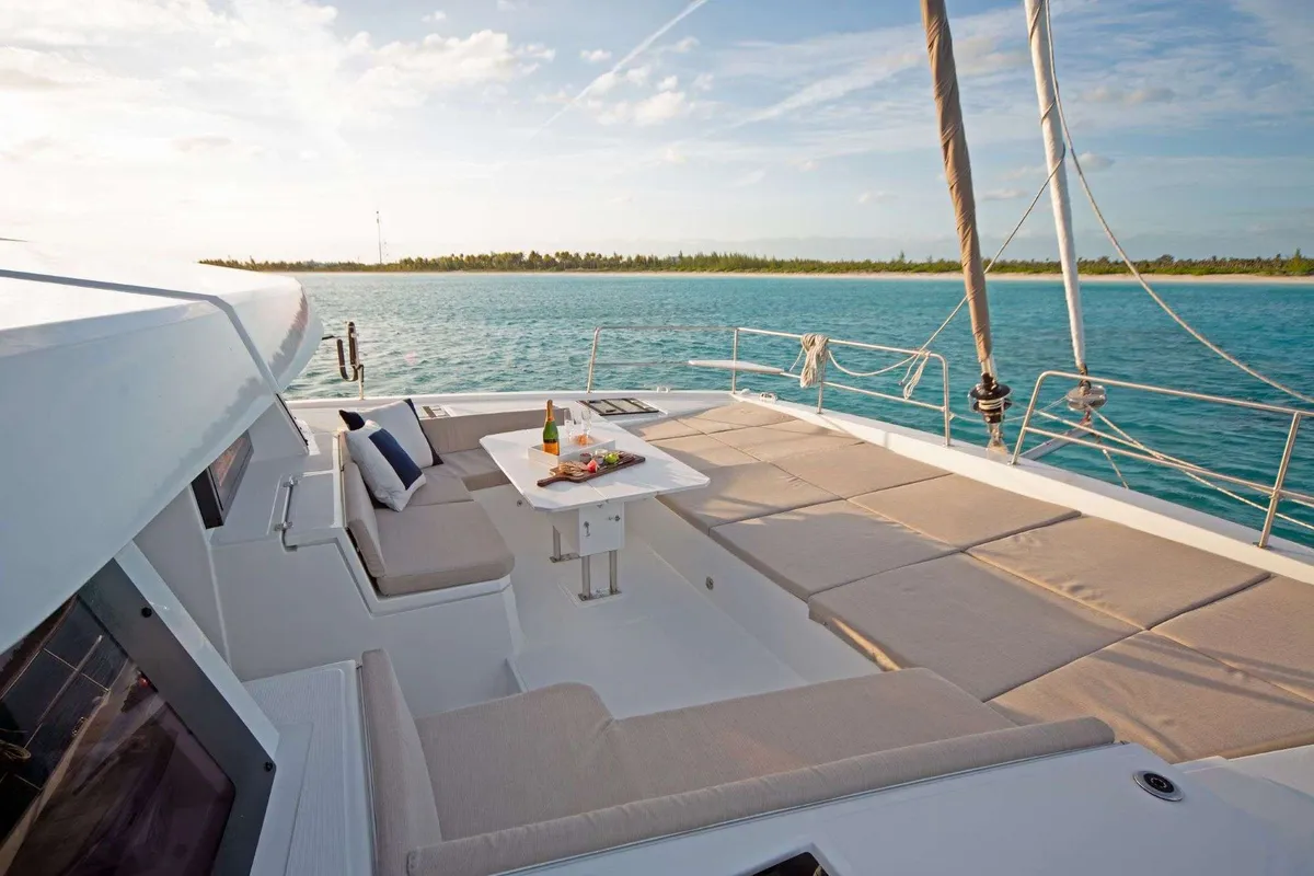 Deck of Premium +, a Bali 4.6 catamaran at Sant Antoni de Portmany, Spain