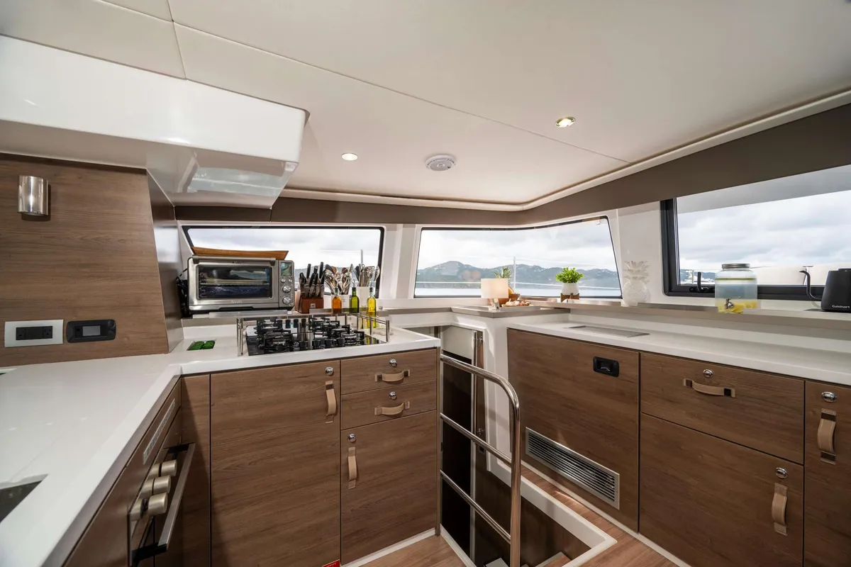 Galley of Premium +, a Bali 4.6 catamaran at Sant Antoni de Portmany, Spain