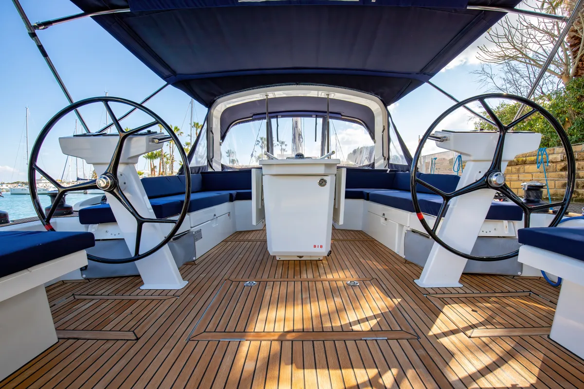 Cockpit of Filìa, a Beneteau Oceanis 46.1 sailboat at Capo d'Orlando, Italy