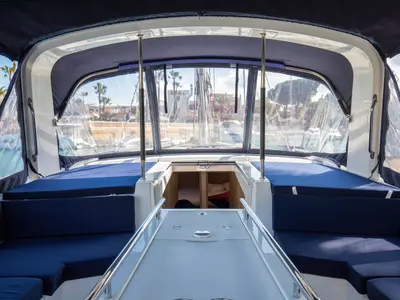 Cockpit of Filìa, a Beneteau Oceanis 46.1 sailboat at Capo d'Orlando, Italy