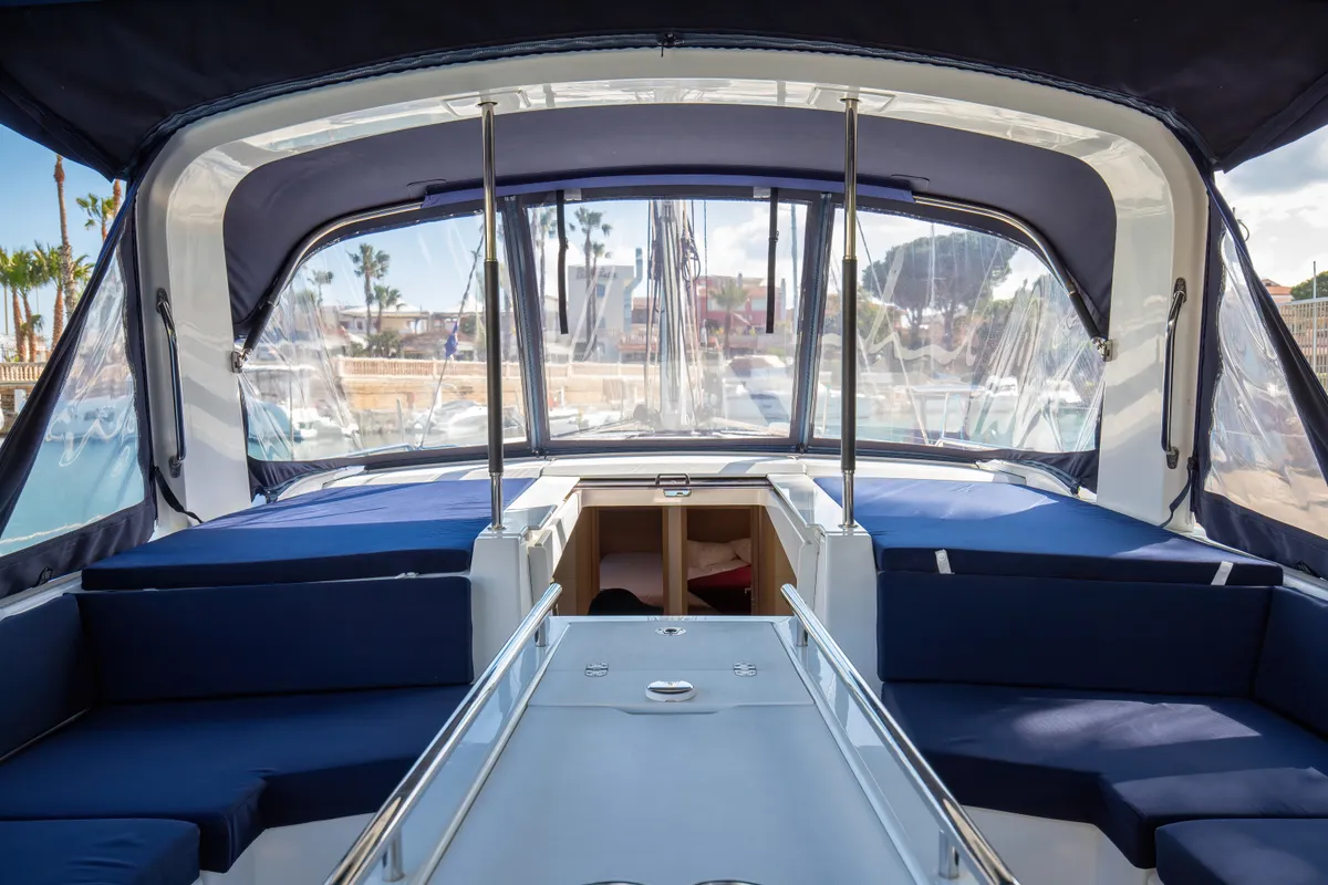 Cockpit of Filìa, a Beneteau Oceanis 46.1 sailboat at Capo d'Orlando, Italy