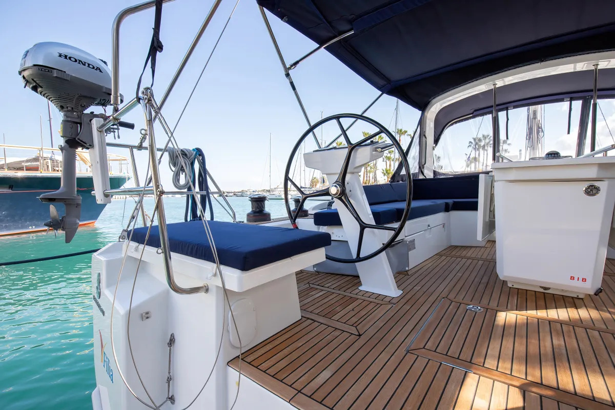 Cockpit of Filìa, a Beneteau Oceanis 46.1 sailboat at Capo d'Orlando, Italy