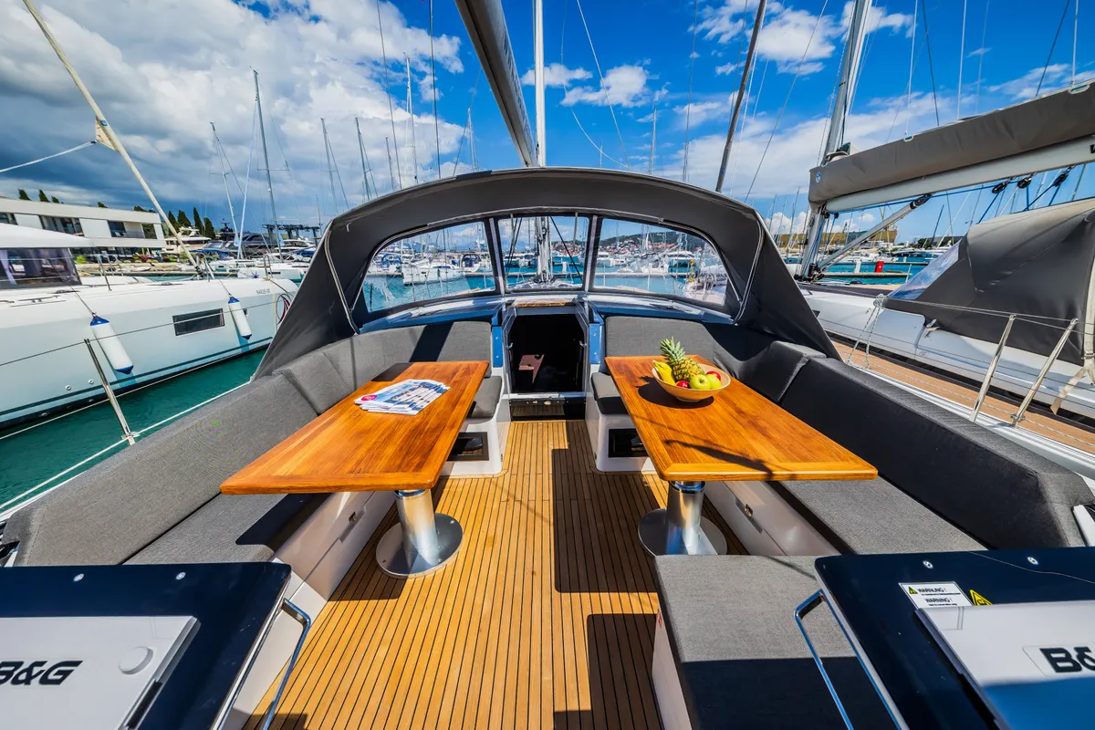 Deck of Ilonka - OW, a Hanse 460 sailboat at Seget Donji, Croatia