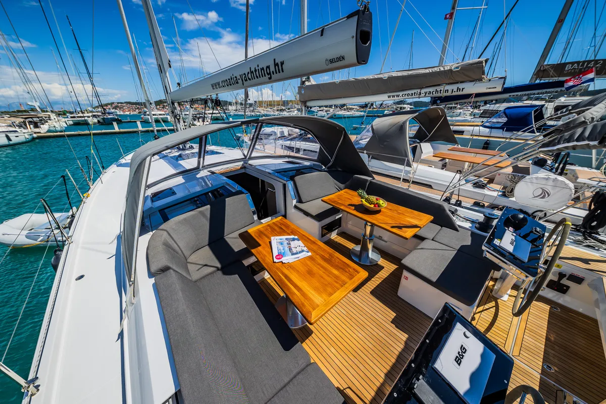 Deck of Ilonka - OW, a Hanse 460 sailboat at Seget Donji, Croatia