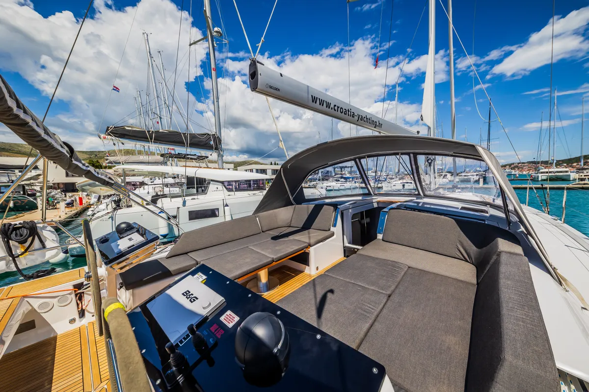 Deck of Ilonka - OW, a Hanse 460 sailboat at Seget Donji, Croatia