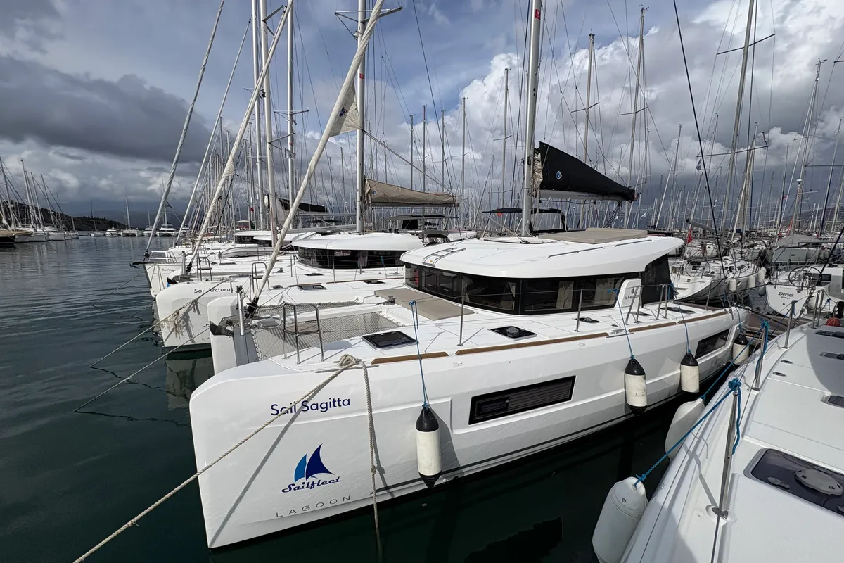 Exterior view of Sail Sagitta, a Lagoon 40 catamaran at Fethiye, Turkey